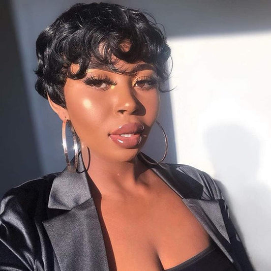 Short Pixie Cut Wigs Human Hair Short Human Hair Wigs for Black Women Glueless Wigs Pre Plucked Short Curly Wigs with Bangs for Daily Use Color 1B