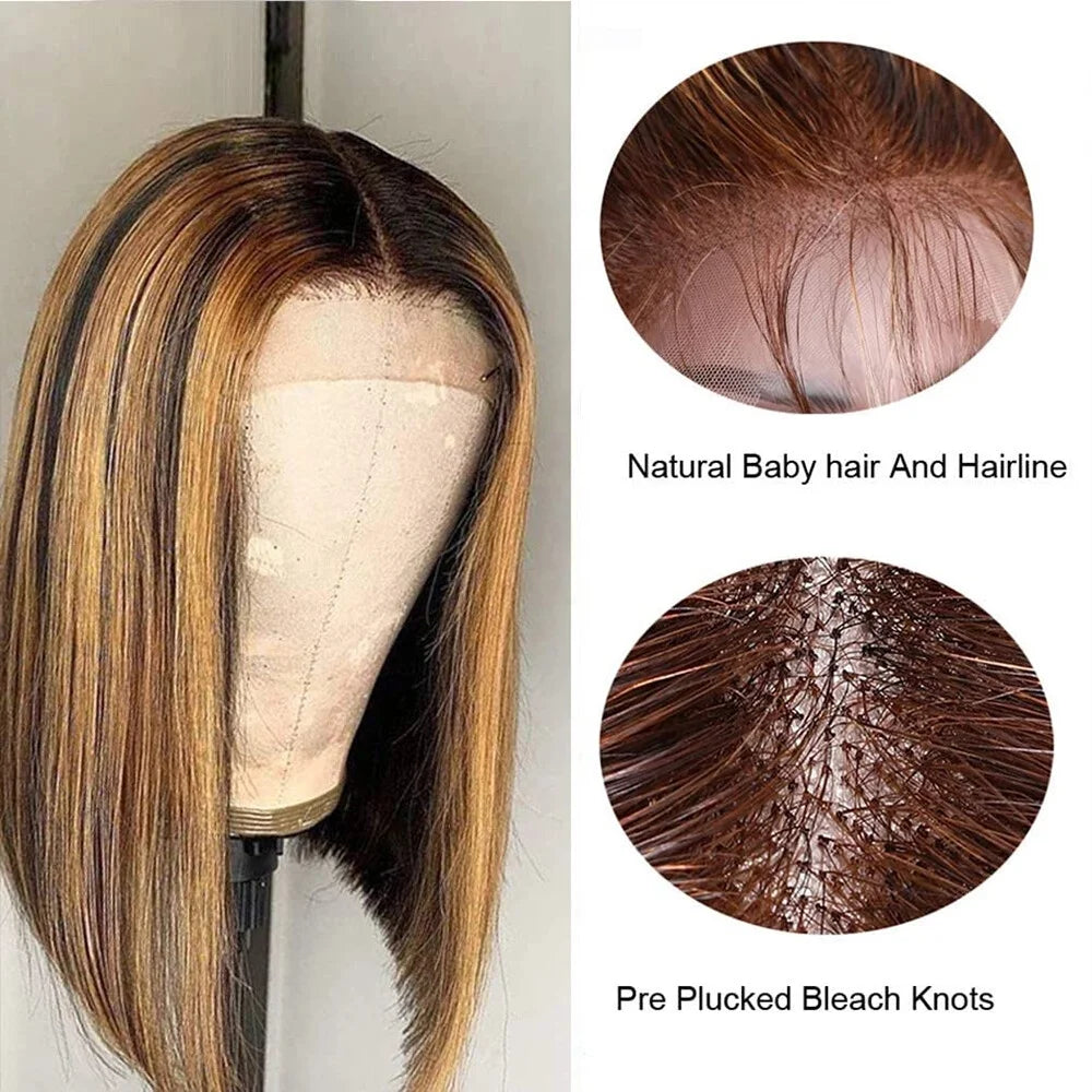 Ombre Highlight Lace Front Bob Wig Human Hair Straight 13X4 Lace Frontal Omber Blonde Colored Human Hair Wigs for Women Lace Frontal Wigs 180% Density Pre Plucked 10 Inch