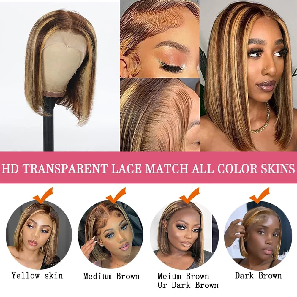 Ombre Highlight Lace Front Bob Wig Human Hair Straight 13X4 Lace Frontal Omber Blonde Colored Human Hair Wigs for Women Lace Frontal Wigs 180% Density Pre Plucked 10 Inch