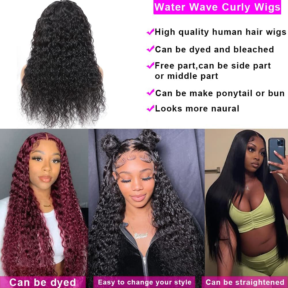 4X4 Lace Front Wigs Human Hair Water Wave HD Lace Front Wigs Curly Wave Lace Closure Wigs Brazilian Wet N Wavy Lace Front Wigs Malaysian Water Wave Human Hair Wigs 180% Density 26 Inch