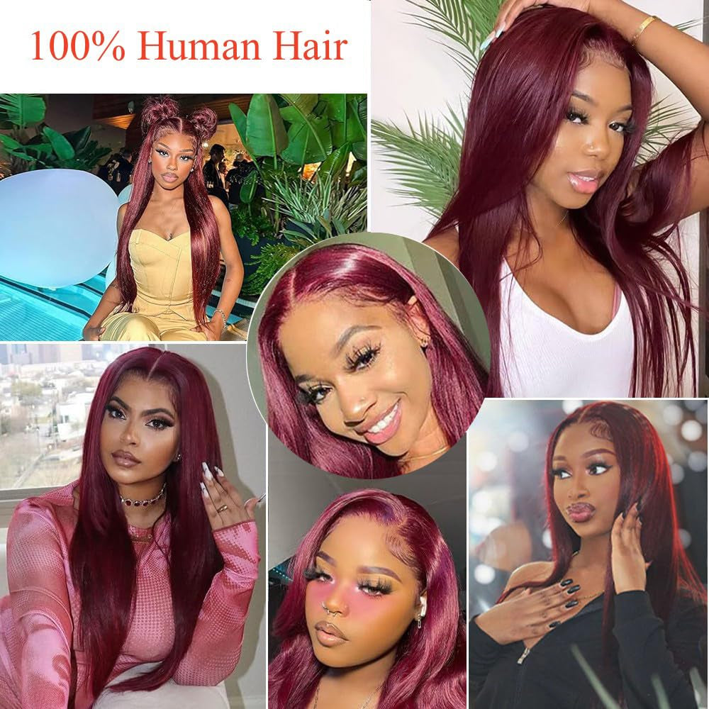 99J Burgundy Lace Front Wigs Human Hair 13X6.5 HD Burgundy Colored Lace Front Wigs Human Hair 200% Density Glueless Straight Wigs Human Hair Pre Plucked with Baby Hair (99J Burgundy Wigs, 32 Inch)