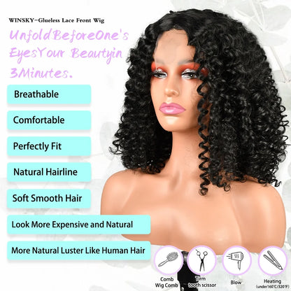 14” Glueless Wigs 150 Density Heat Friendly Synthetic Lace Front Wigs Deep Wave Bob Wig Short Curly Wigs for Black Women