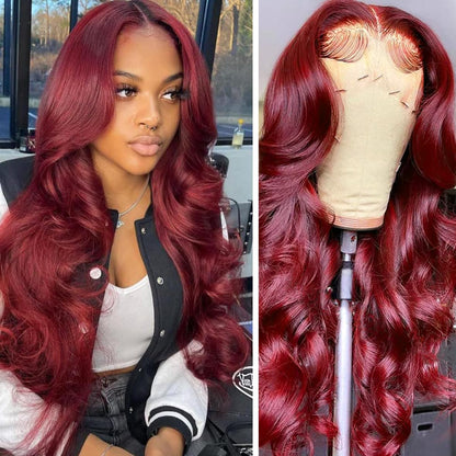 99J Burgundy Lace Front Wigs Human Hair Red Wigs 13X6 Brazilian Body Wave Wigs HD Transparent Human Hair Wigs Glueless Pre Plucked Bleached Knots with Baby Hair 180% Density