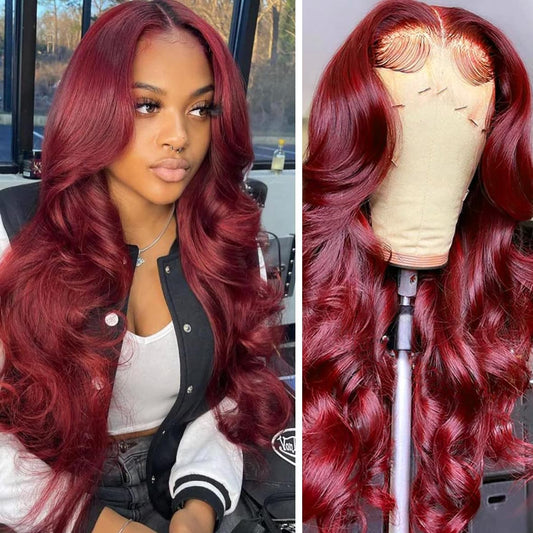 99J Burgundy Lace Front Wigs Human Hair Red Wigs 13X6 Brazilian Body Wave Wigs HD Transparent Human Hair Wigs Glueless Pre Plucked Bleached Knots with Baby Hair 180% Density