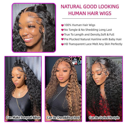 13X6 Deep Wave Lace Front Wigs Human Hair 220 Density Deep Curly Lace Front Wigs Human Hair Glueless Transparent Lace Frontal Wig for Women Pre Plucked with Baby Hair Natural Black (26 Inch)