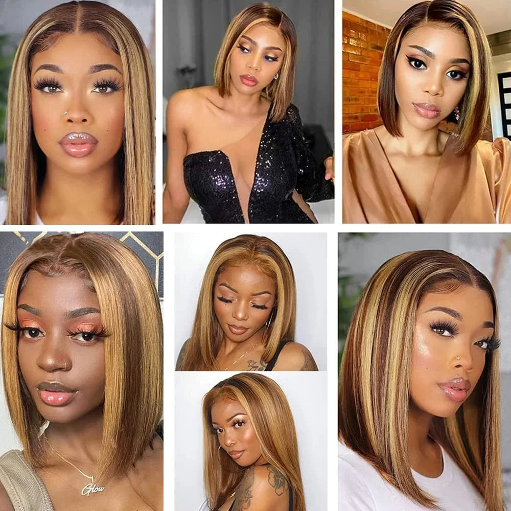 Ombre Highlight Lace Front Bob Wig Human Hair Straight 13X4 Lace Frontal Omber Blonde Colored Human Hair Wigs for Women Lace Frontal Wigs 180% Density Pre Plucked 10 Inch