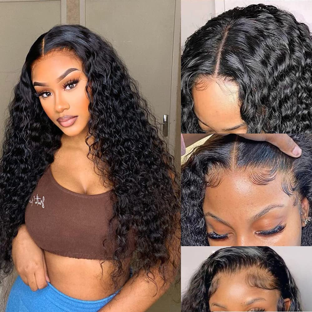 Water Wave Lace Front Human Hair Wigs HD Curly Lace Closure Wig Wet and Wavy Lace Frontal Wigs Human Hair Brazilian 4X4 Water Wave Wigs for Black Women with Natural Baby Hair 180% Density 18 Inch