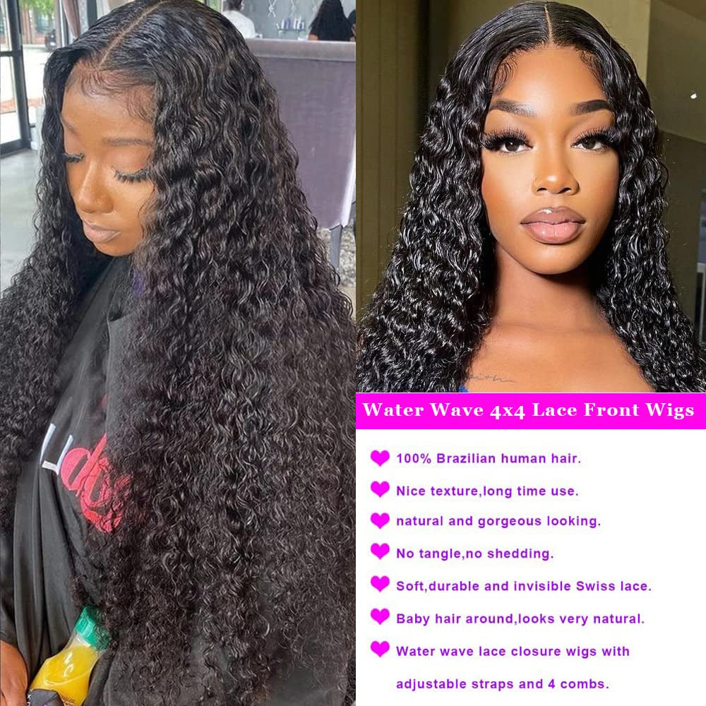 Water Wave Lace Front Human Hair Wigs HD Curly Lace Closure Wig Wet and Wavy Lace Frontal Wigs Human Hair Brazilian 4X4 Water Wave Wigs for Black Women with Natural Baby Hair 180% Density 18 Inch