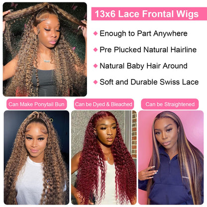 26 Inch 13X6 Highlight Ombre Deep Wave Lace Front Wigs Human Hair Pre Plucked #4/27 Colored Glueless Wigs Water Wave Honey Blonde Curly Lace Frontal Wigs Human Hair for Women with Baby Hair