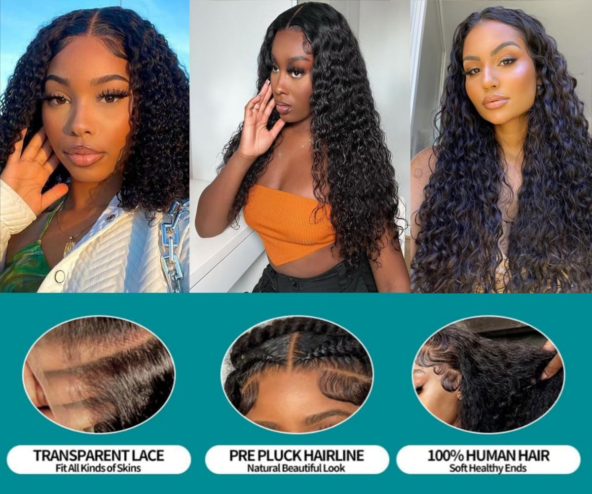 13X6 Deep Wave Lace Front Wigs Human Hair 220 Density Deep Curly Lace Front Wigs Human Hair Glueless Transparent Lace Frontal Wig for Women Pre Plucked with Baby Hair Natural Black (26 Inch)