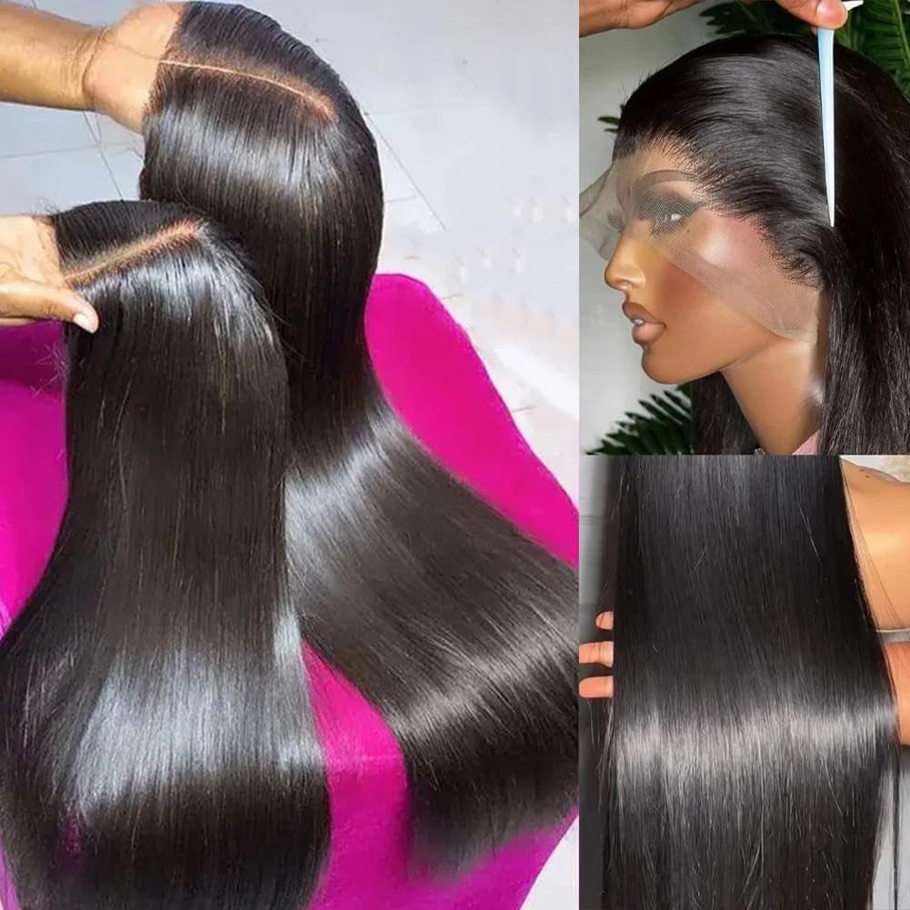 28 Inch 13X4 Lace Front Wigs Human Hair Straight HD Transparent Human Hair Wigs for Women 180 Density Straight Lace Frontal Human Hair Wigs Pre Plcked Wigs with Baby Hair Natural Black