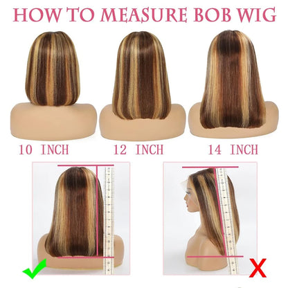 Ombre Highlight Lace Front Bob Wig Human Hair Straight 13X4 Lace Frontal Omber Blonde Colored Human Hair Wigs for Women Lace Frontal Wigs 180% Density Pre Plucked 10 Inch