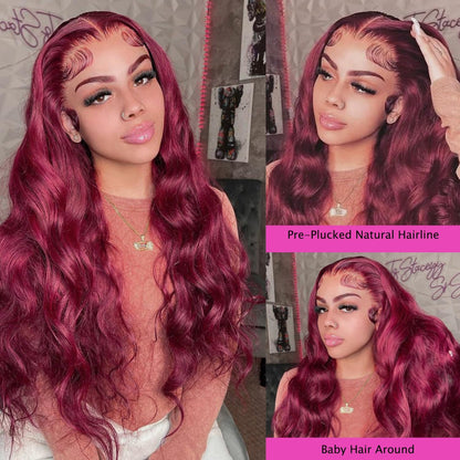 99J Burgundy Lace Front Wigs Human Hair Red Wigs 13X6 Brazilian Body Wave Wigs HD Transparent Human Hair Wigs Glueless Pre Plucked Bleached Knots with Baby Hair 180% Density