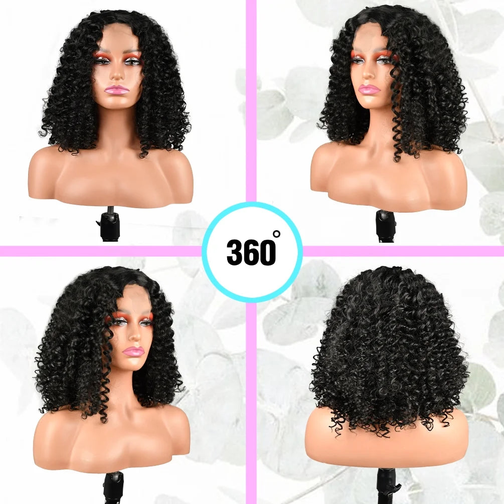 14” Glueless Wigs 150 Density Heat Friendly Synthetic Lace Front Wigs Deep Wave Bob Wig Short Curly Wigs for Black Women