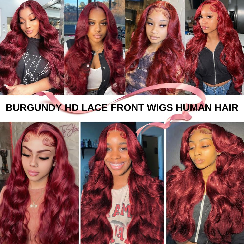 99J Burgundy Lace Front Wigs Human Hair 13X4 Lace Front Wigs Body Wave Wigs 180 Density HD Transparent Glueless Wigs Human Hair Pre Plucked with Baby Hair 22 Inch