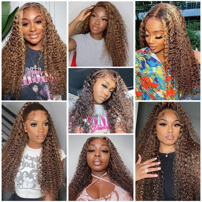 26 Inch 13X6 Highlight Ombre Deep Wave Lace Front Wigs Human Hair Pre Plucked #4/27 Colored Glueless Wigs Water Wave Honey Blonde Curly Lace Frontal Wigs Human Hair for Women with Baby Hair